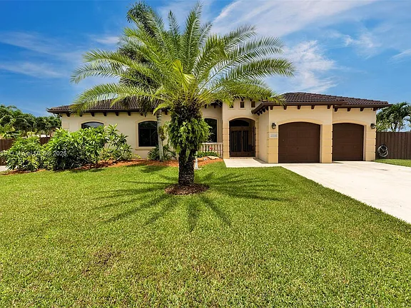 Front elevation of a single-story home with mature palm in the front yard